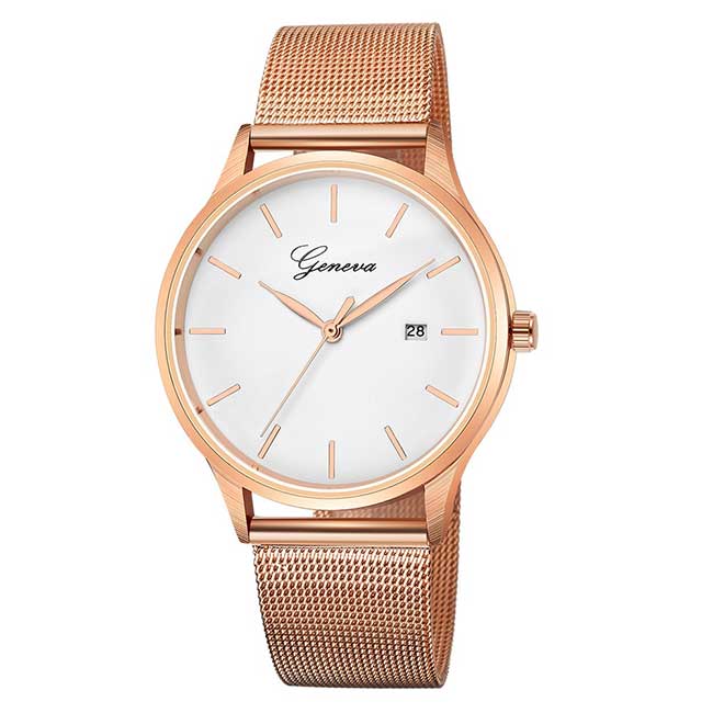 Ceas Geneva Unisex Quartz Casual Elegant Rosegold-alb, PN999527RAB, curea din metal (mesh), afisaj Analog