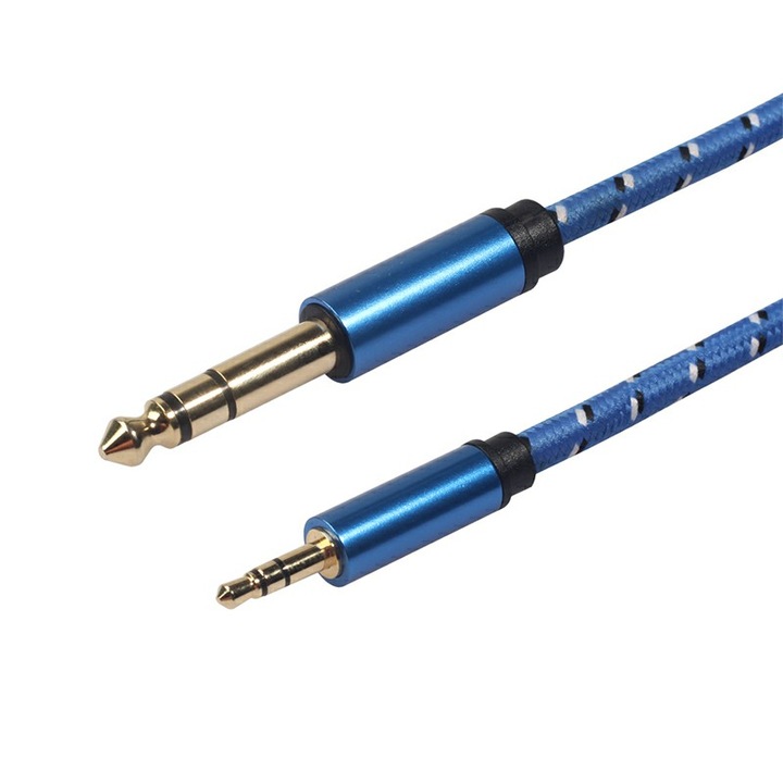 Audiocsatlakozó hosszabbítókábel 3,5 mm-es dugaszolóaljzatba 6,5 mm-es dugó, textil, 3 méter, kék, BBL1118