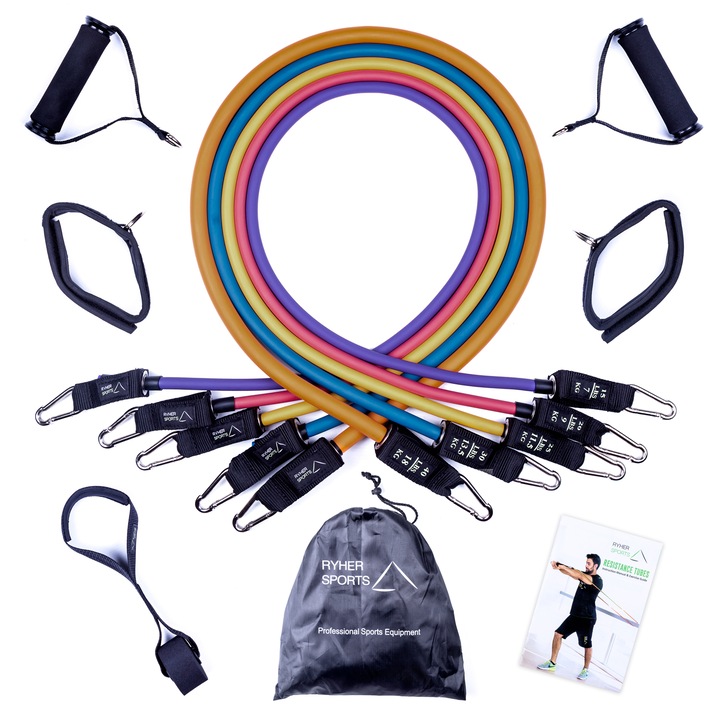 Extra Strong cső alakú gumiszalag hosszabbító készlet, Ryher Sports, 11 db, 5x126 cm, Latex, Multicolor, Maximális kombinált ellenállás 60 kg, szállítótáska + kézi gyakorlatokkal, Nyújtás