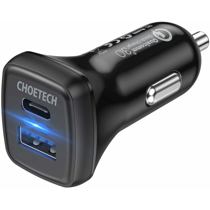 Incarcator auto CHOETECH, 2x USB-C 36 W, Quick Charger 3.0 18 W, Negru