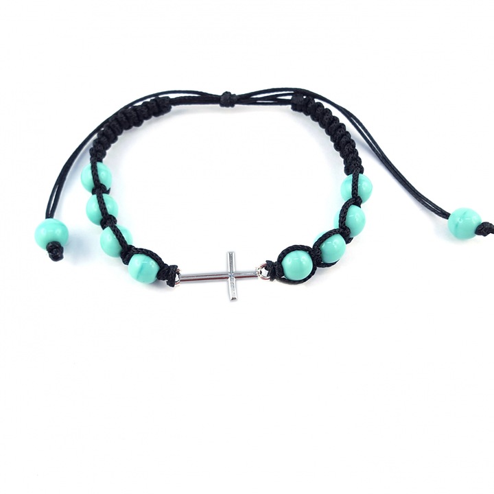 Szemelyre szabott kezzel keszitett fekete zsinor karkoto ezust kereszttel es uveggyongyokkel, allithato, Bohemia, Dras