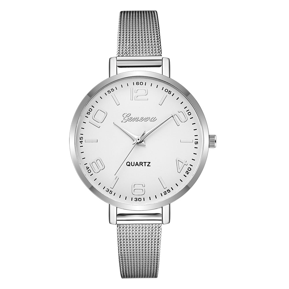 Ceas Geneva Dama Quartz Casual Elegant Argintiu/alb, PN999415SAB, curea din metal (mesh), afisaj Analog