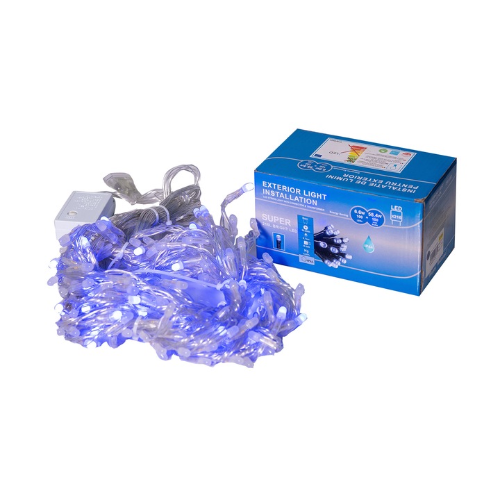 Perdea Lumini de exterior, 216 Led- Albastru 2.5m x 1.5m, caseta joc de lumini, interconectabila