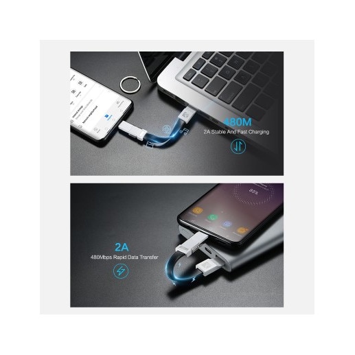 Cablu de date si incarcare, 3in1 microUSB, USB-C si lightning Apple, 12.9 cm, albastru, tip breloc magnetic, tpu si abs, Floveme