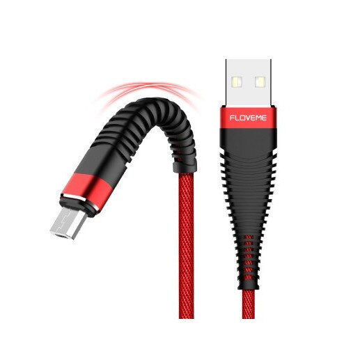 Cablu de date si incarcare rapida 2A, microUSB, 2m, rosu, original Floveme, aliaj aluminiu