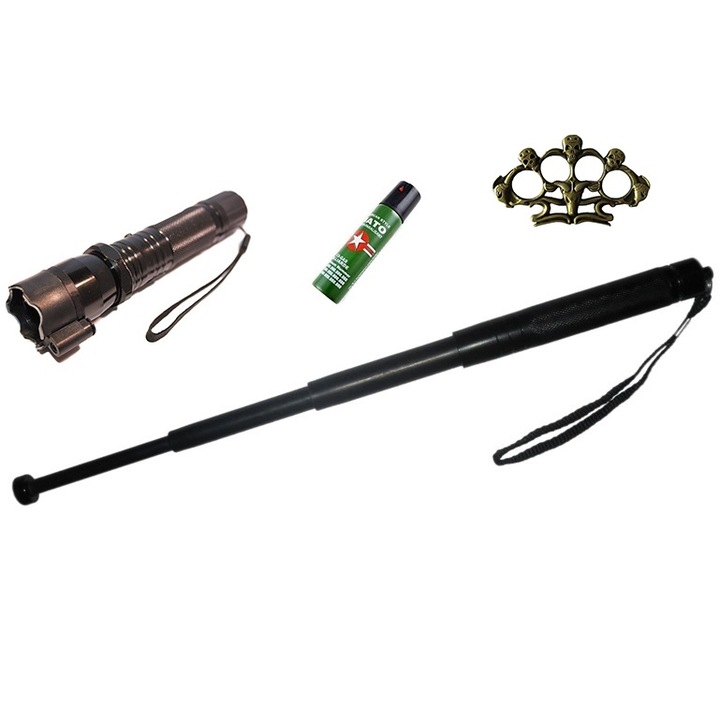 Kit de AutoAparare Survival-4Ad, Lanterna cu Electrosoc si Laser Pointer din Duraluminiu, Baston Telescopic din Otel, Box Metalic tip Rozeta si Spray Paralizant