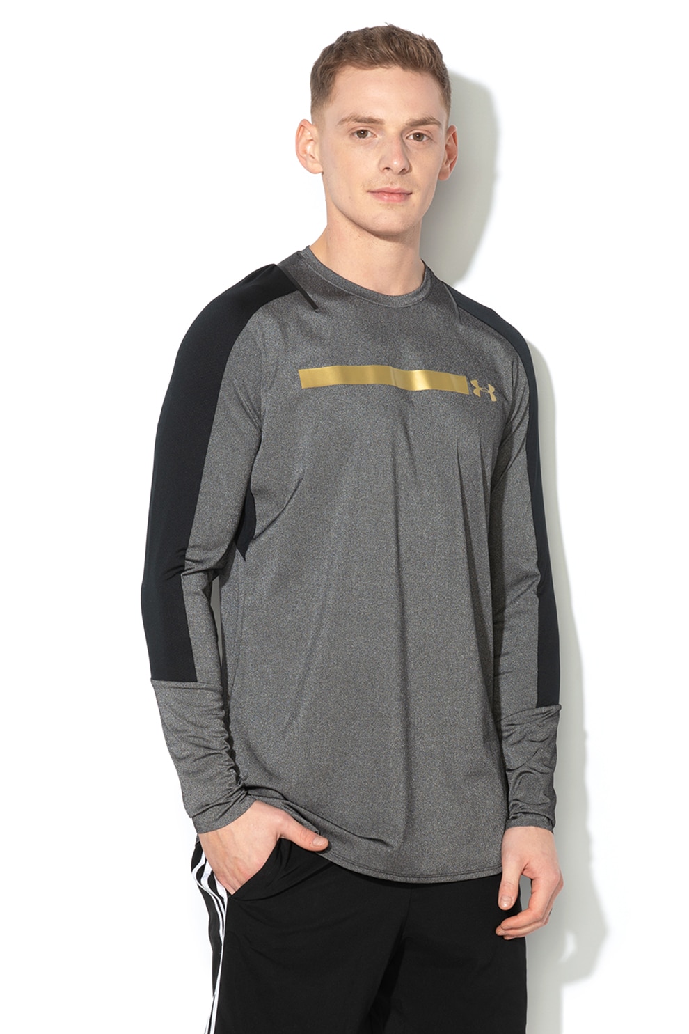 Under Armour, Bluza elastica, pentru fitness Perpetual, Gri melange/Auriu