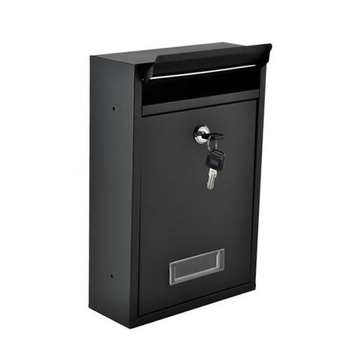 Метална пощенска кутия Malatec,с място за списания/вестници,2 ключа,черен цвят,размери 34x31x10см