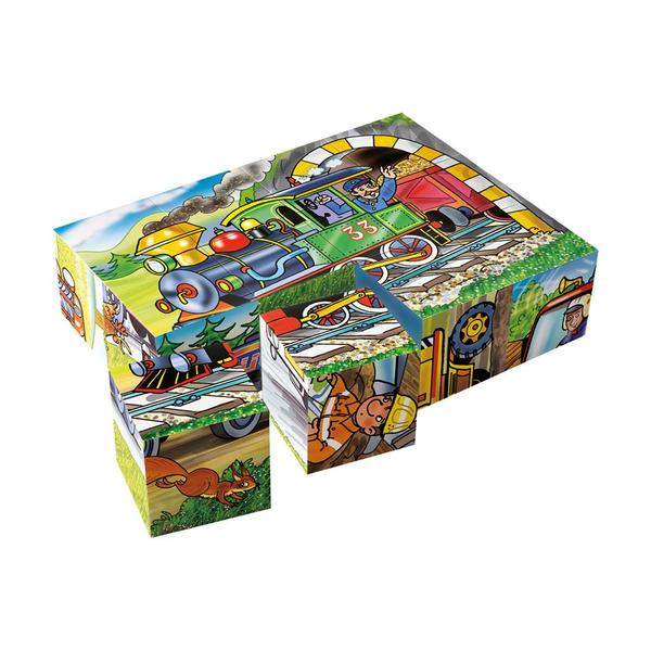Puzzle din lemn, cuburi, Locomotiva, 12buc, 6 imagini posibile