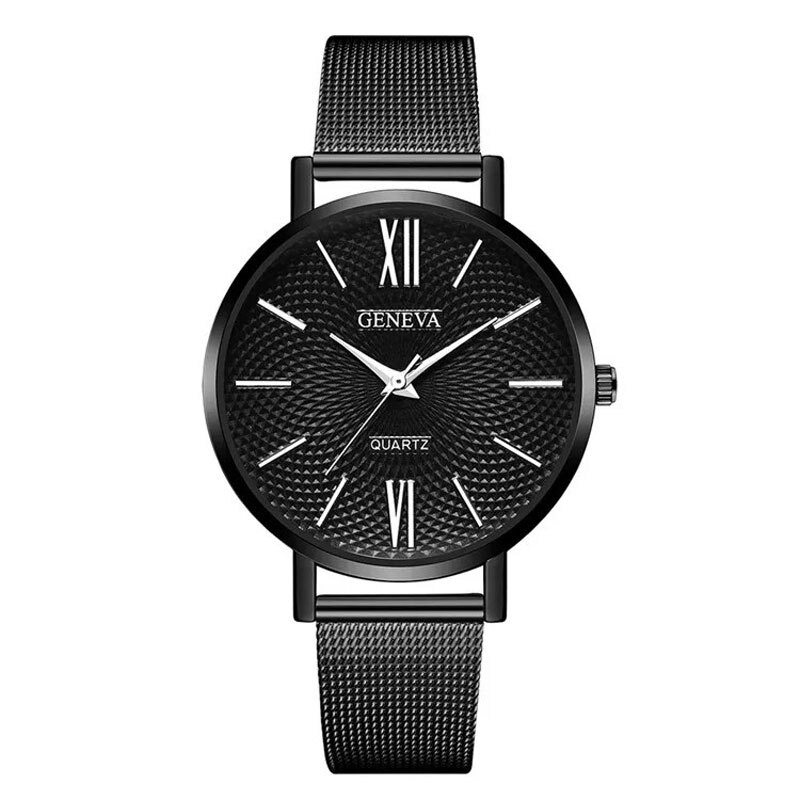 Ceas Geneva Unisex Quartz Casual Elegant Negru/argintiu, PN999423NSR, curea din metal (mesh), afisaj Analog