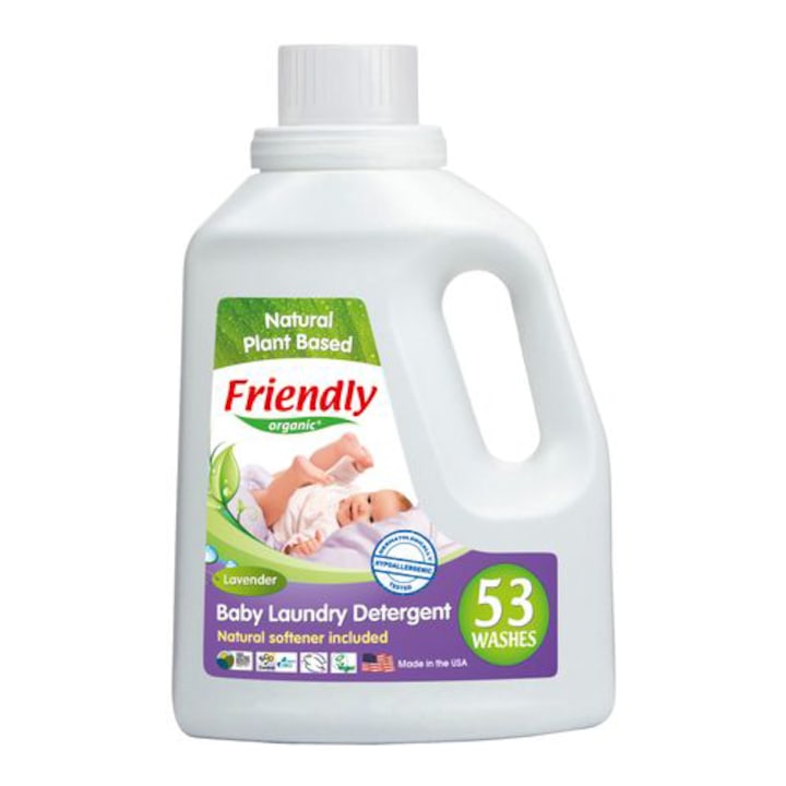 Течен перилен препарат за бебешки дрехи Friendly Organic, Лавандула и лайка, 53 изпирания, 1567 мл