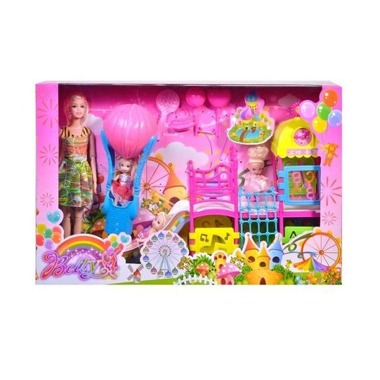 Papusa cu loc de joaca, parcul copiilor + 3 papusi in miniatura si accesorii pentru distractie