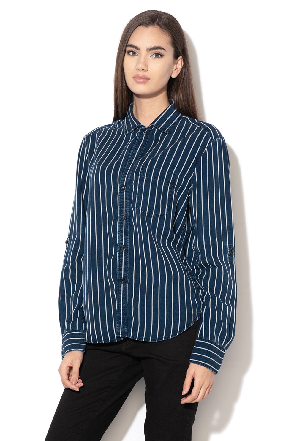 Replay, Camasa din lyocell cu model in dungi si terminatie asimetrica, albastru inchis/alb, XS