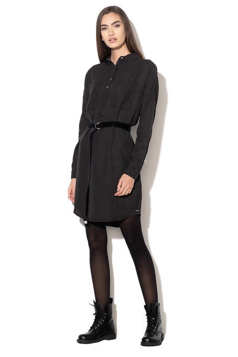 Replay, Rochie mini tip camasa din lyocell, cu o curea, Negru stins, M