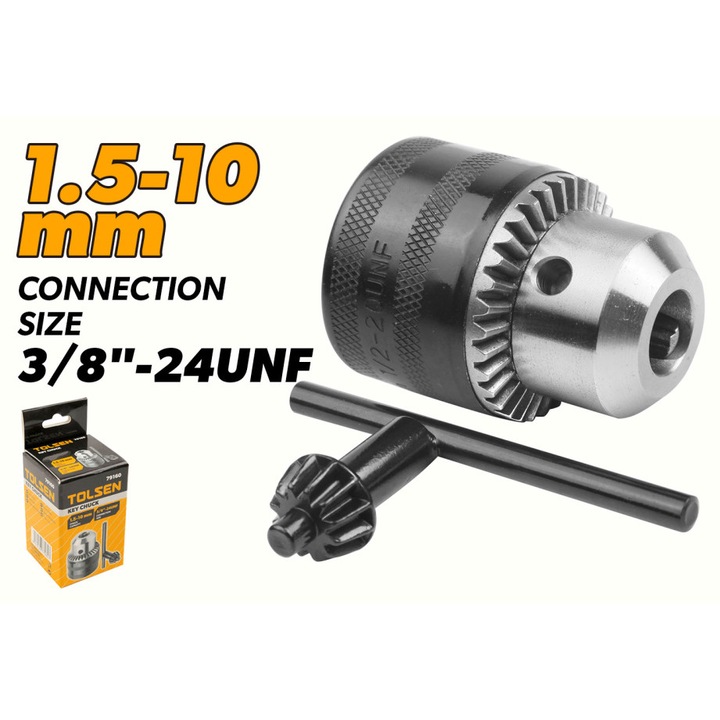 Mandrina TOLSEN pentru burghie 1.5–10 mm, filet 3/8"-24UNF, prindere precisa si compatibilitate extinsa, uz universal