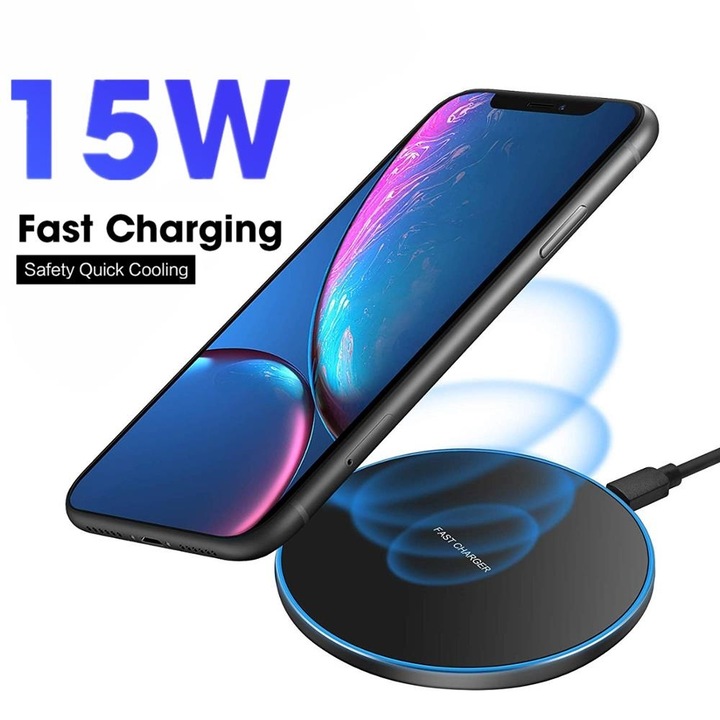 Безжично зарядно e-smartgadet, FAST CHARGE с бързо зареждане 15W, Съвместим телефон iPhone 11,11promax, 8 Plus iPhone X, Xs Samsung S10, S8, S9 Note 10, 9