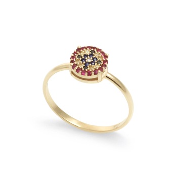 Inel din aur galben 18 K, 1.6 g, diamant negru 0.02 carate, safire 0.15 carate si rubine 0.08 carate, marime 55, 19 pietre, Orsini Inel din aur galben 18 K, 1.6 g, diamant negru 0.02 carate, safire 0.15 carate si rubine 0.08 carate, marime 55, 19 pietre, Orsini