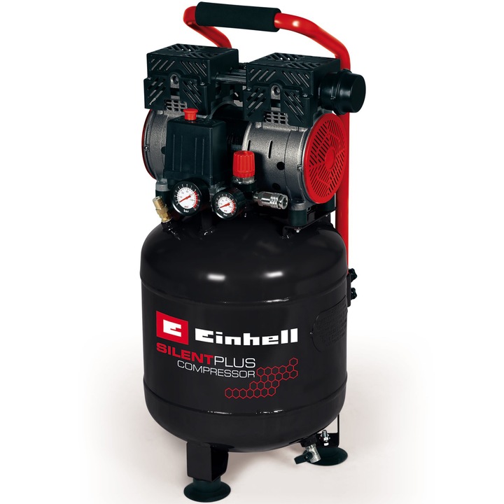 Compresor fara ulei Einhell TE-AC 24 Silent, 750 W, 8 bar presiune lucru, 24 l capacitate rezervor, 65 l/min debit aer refulat, 135 l/min debit aer aspirat