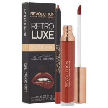 Set de buze mat Luxe Kits: Creion de buze, 1 g + Luciu de buze, 5.5 ml, Regal, Makeup Revolution Retro Luxe Set de buze mat Luxe Kits: Creion de buze, 1 g + Luciu de buze, 5.5 ml, Regal, Makeup Revolution Retro Luxe