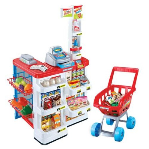 Set de joaca MalPlay, Supermarket cu sunete si lumini, Casa de marcat cu sunet si afisaj, carucior de cumparaturi si accesorii