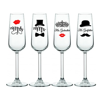 Set 4 Pahare Sampanie, pentru nunta, personalizate Mr and Mrs, 190 ml Set 4 Pahare Sampanie, pentru nunta, personalizate Mr and Mrs, 190 ml