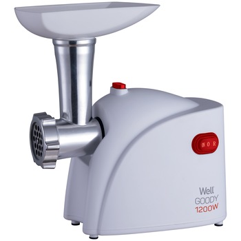 Masina de tocat carne WELL, 1200W, 230V, 1.5KG/minut, functie revers, taiere 5 mm si 7mm, accesorii carnati si Kebbe Masina de tocat carne WELL, 1200W, 230V, 1.5KG/minut, functie revers, taiere 5 mm si 7mm, accesorii carnati si Kebbe