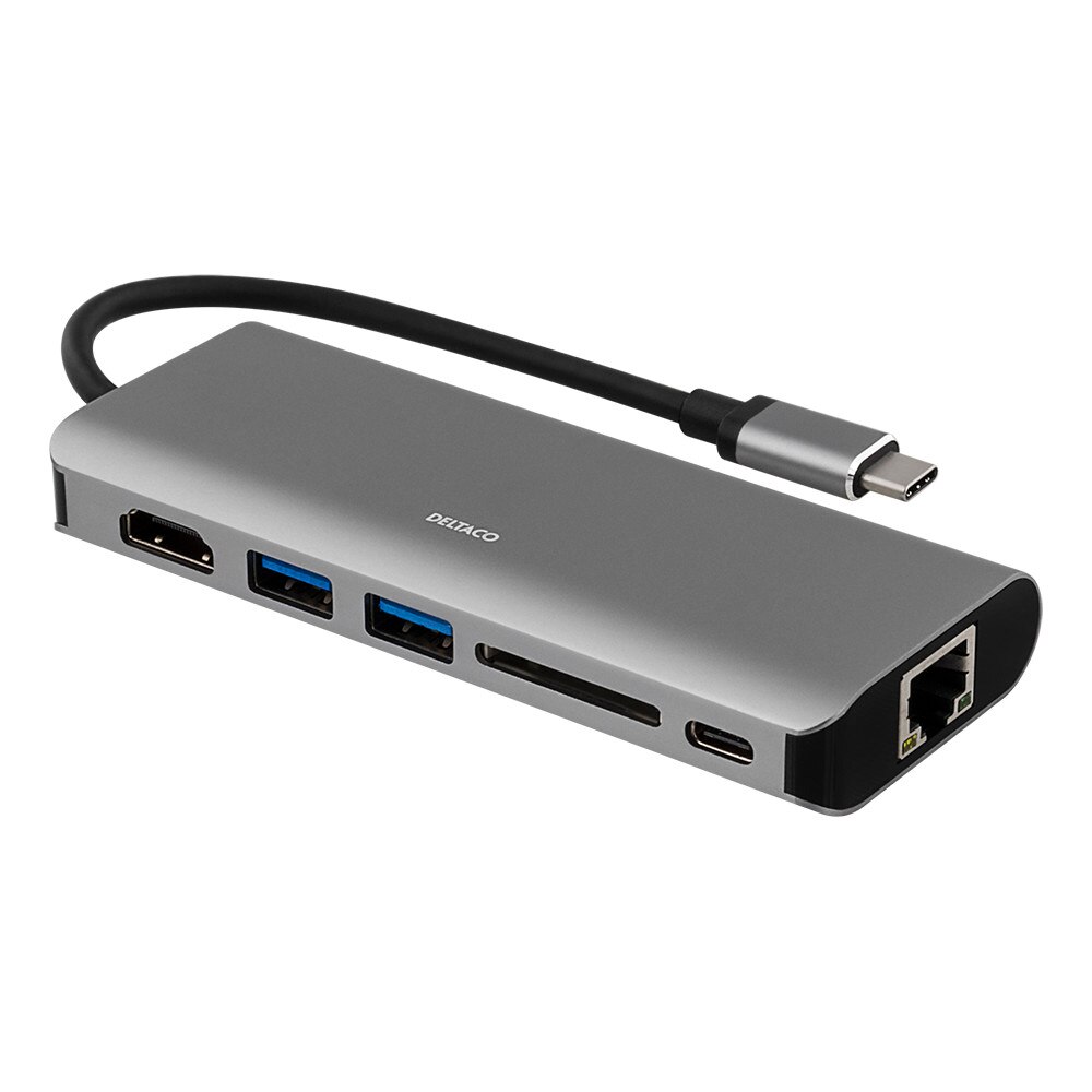 Adaptor USB-C DELTACO, USB-C FM, HDMI FM, 2 x USB-A FM, 1xRJ45, slot card SD, UHD in 30Hz, gri