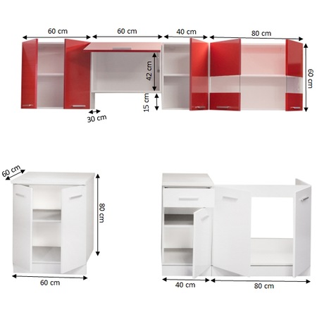Bucatarie Kring Madalina, 240x195,5x60 cm, rosu lucios / alb lucios