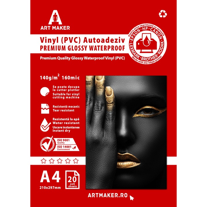 Vinyl (PVC) autoadeziv Premium Glossy, A4, 20 coli, Waterproof