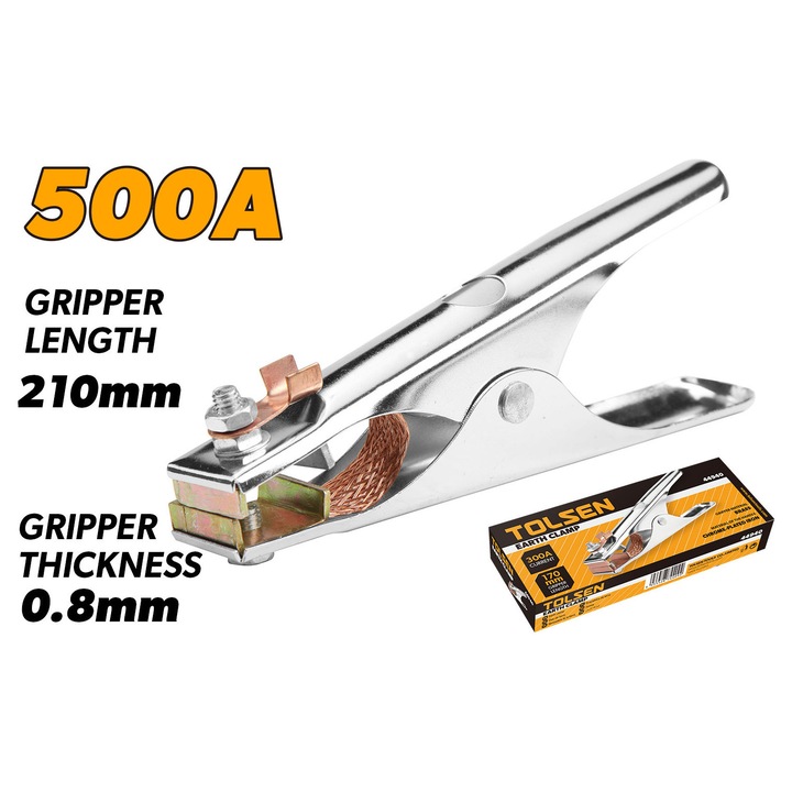 Cleste impamantare de masa pentru sudura TOLSEN 500A, fier cromat, element de apucare din alama, lungime 21 mm, grosime 0.8 mm, durabil si rezistent