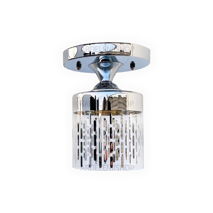 Lustra croma argintiu ,1xe27 ,schelet inox ,Abajur rotund de sticla transparent