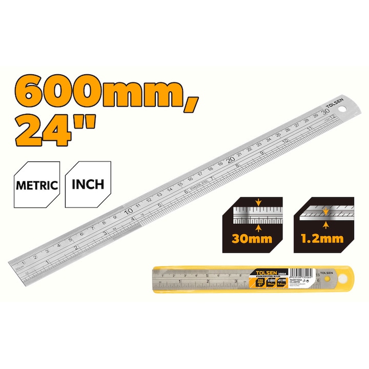 Rigla din otel inoxidabil TOLSEN, 600mm (24"), Latime 30mm, Grosime 1.2mm, Otel 2Cr13, Precizie si rezistenta, Ideala pentru masuratori exacte, Uz profesional si hobby