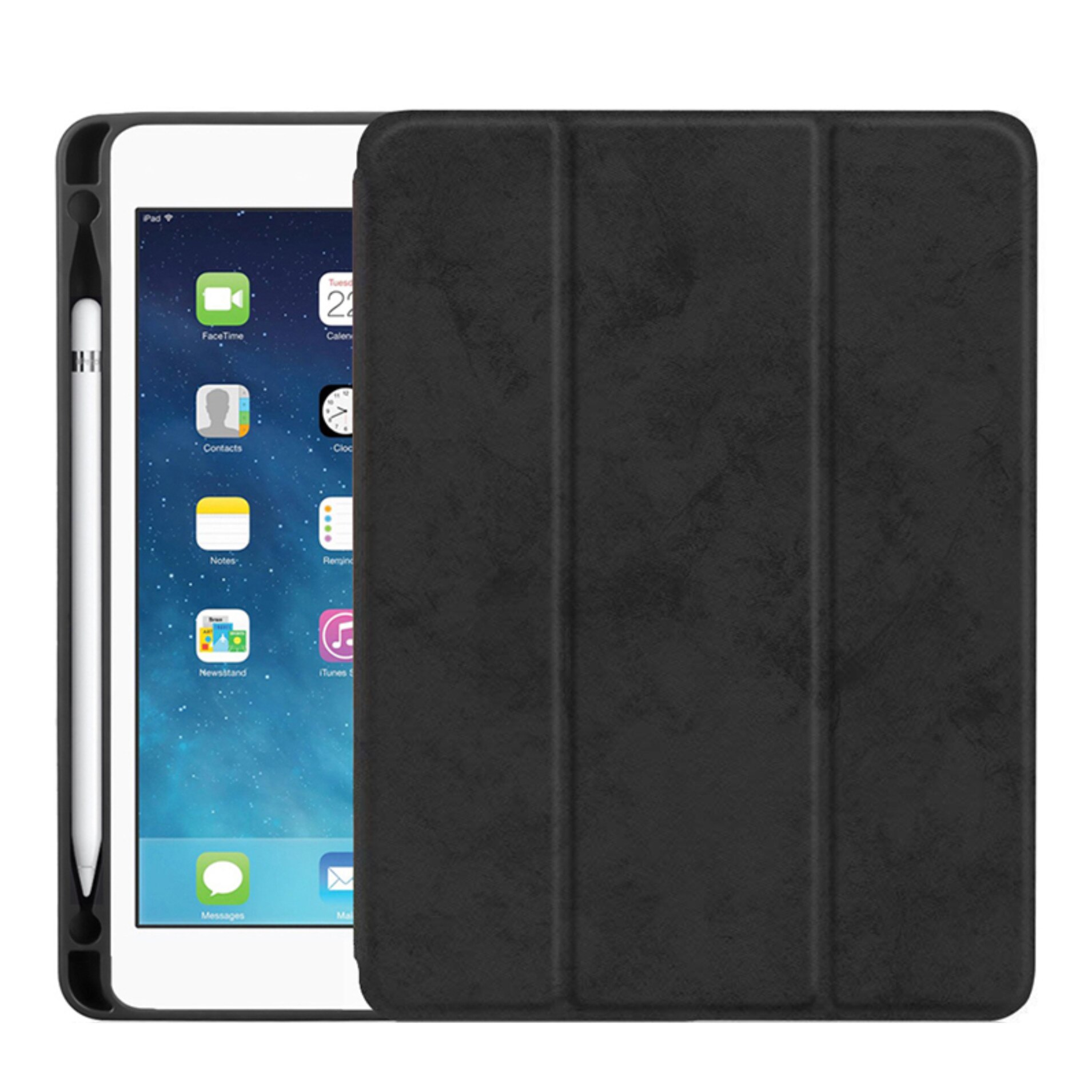 Husa tip carte pentru tableta iPad 2017/2018 de 9.7 inch din piele ecologica si compartiment pentru pix/stilou, Negru, BBL1119