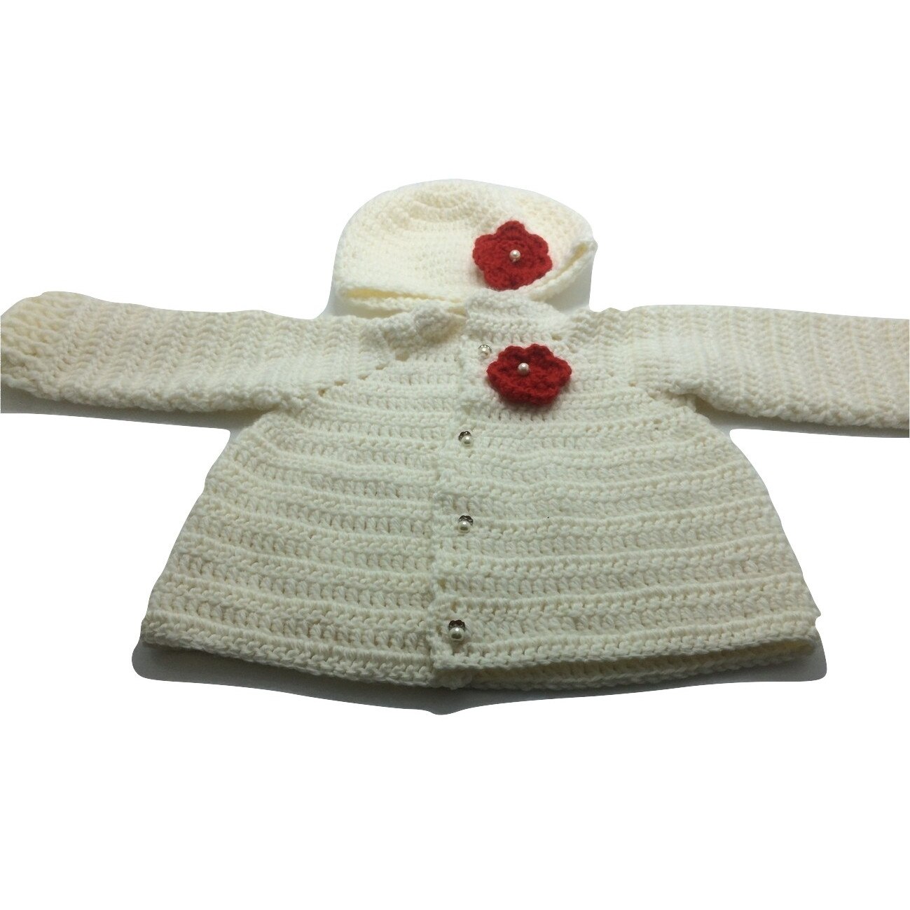 Set bluza si Caciulita alb cu aplicatii florale pentru copii de 3-6 luni