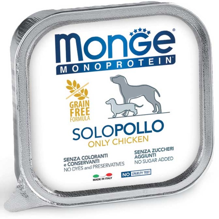 Hrana monoproteica pentru caini, Monge Solo pollo (pui) 150g