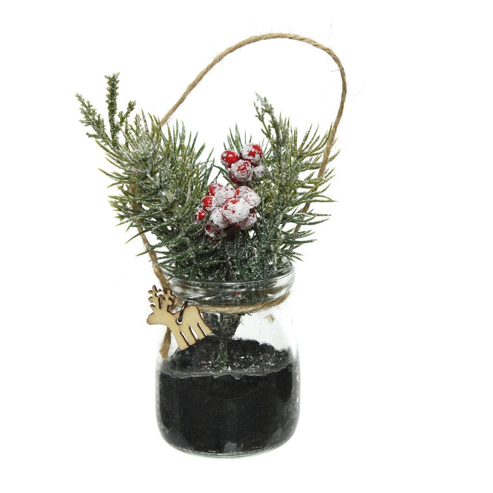 Decoratiune borcan cu ornament brad, 14 cm