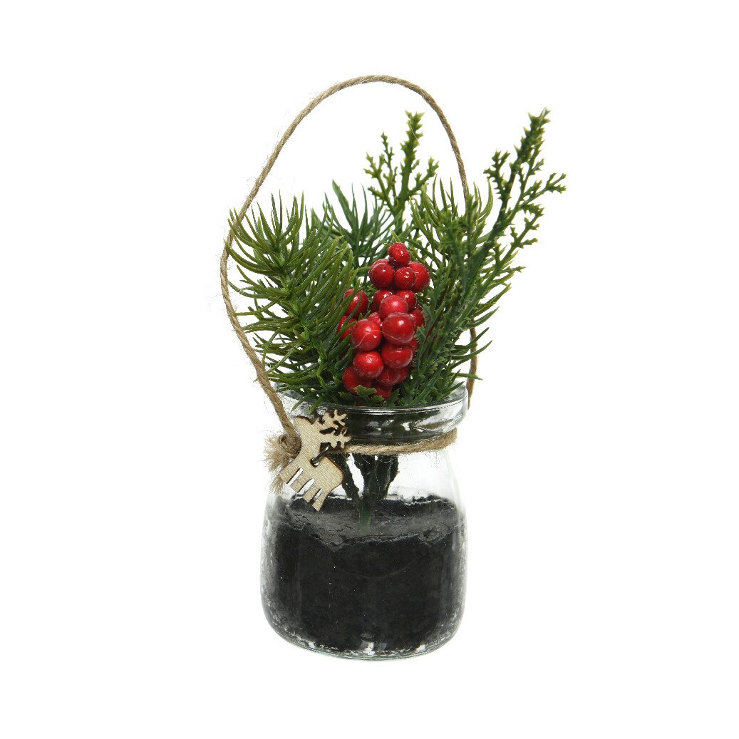 Decoratiune borcan cu ornament brad, dimensiune 14 cm