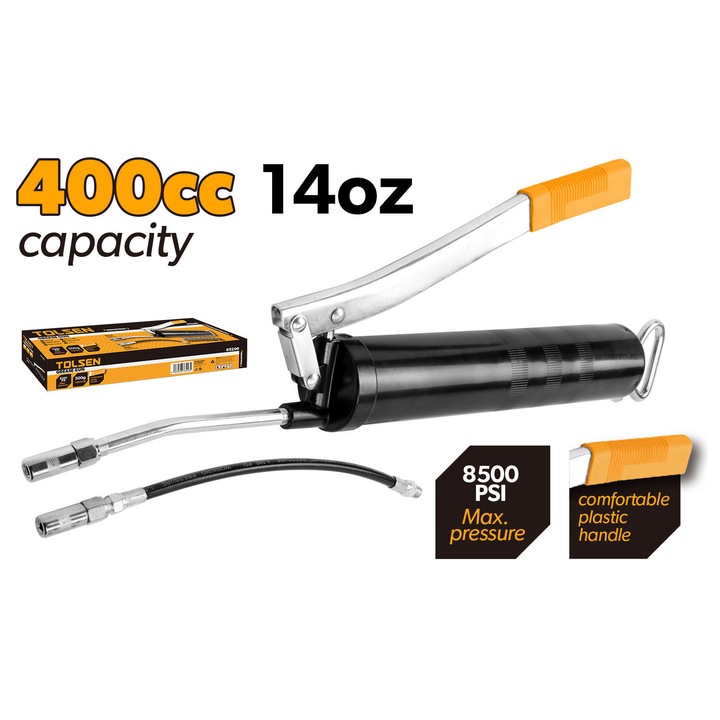 Pistol pentru gresare TOLSEN 500 g, Otel, Presiune 6000-8000 psi, Furtun flexibil 300 mm si otel 150 mm, Maner ergonomic, Industrial