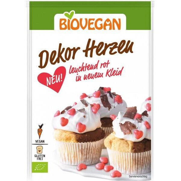 Decoratiuni BIO pentru dulciuri Inimioare rosii, 35 g Biovegan