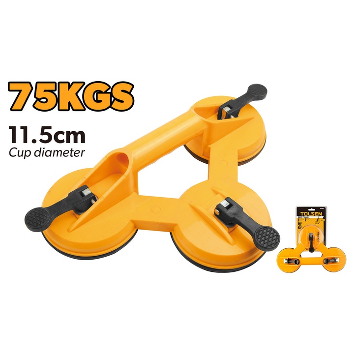 Ventuza tripla TOLSEN pentru parbrize si geamuri, capacitate 75 kg, 3 cupe de aspirare Ø115 mm, corp din plastic rezistent, ideala pentru montaj profesional