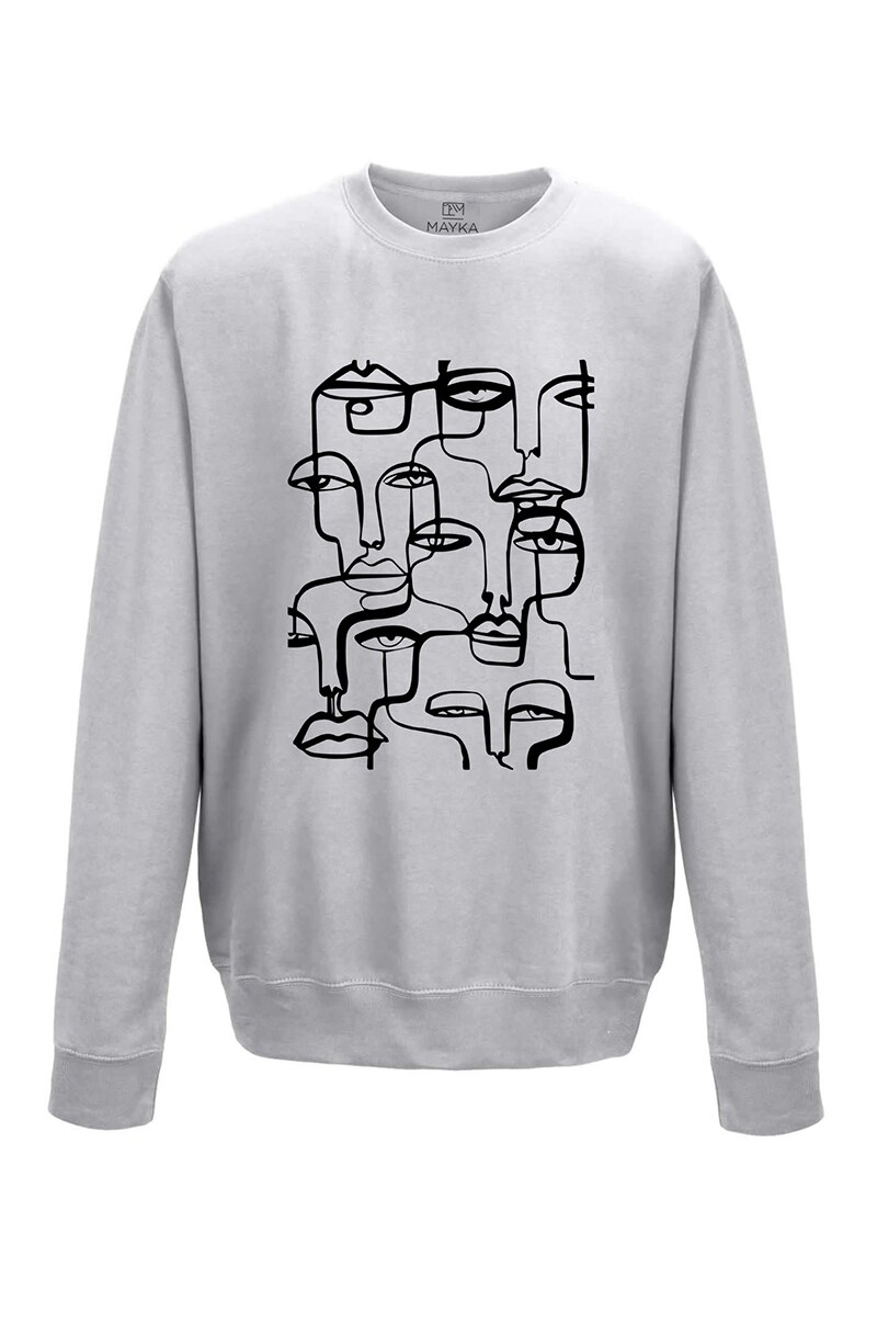 Pulover dama din bumbac 80%, poliester 20%, MAYKA, model Strange faces, Gri