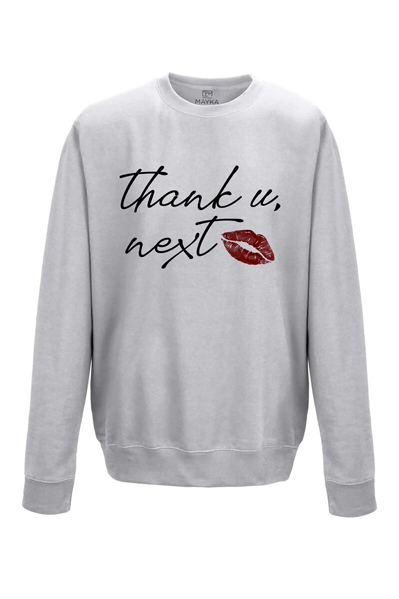 Pulover dama din bumbac 80%, poliester 20%, MAYKA, model Thank u, next, Gri