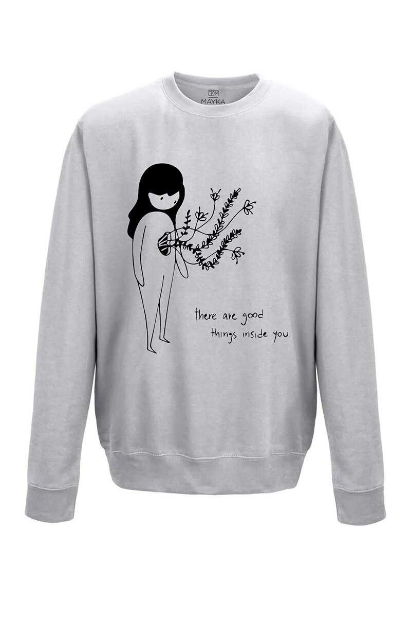 Pulover dama din bumbac 80%, poliester 20%, MAYKA, model Good things inside you, Gri