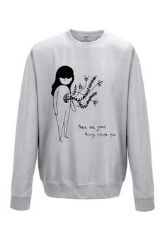 Pulover dama din bumbac 80%, poliester 20%, MAYKA, model Good things inside you, Gri Pulover dama din bumbac 80%, poliester 20%, MAYKA, model Good things inside you, Gri