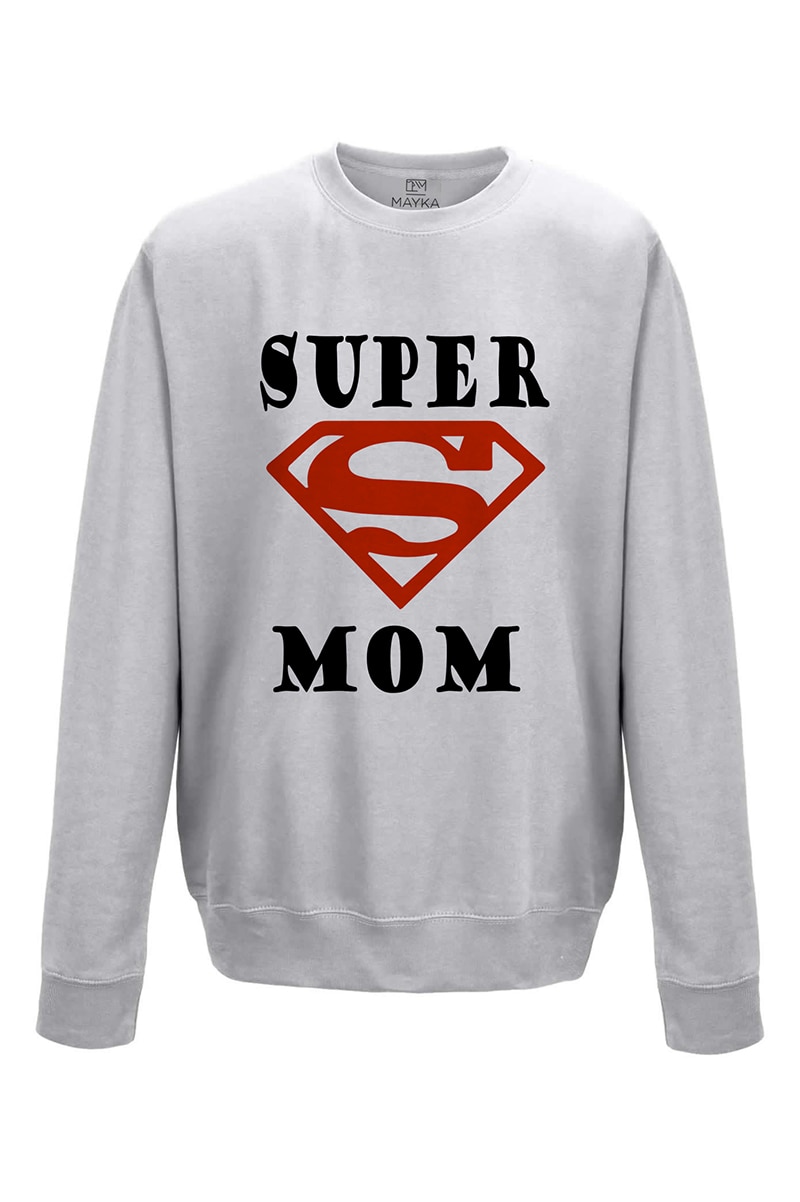 Pulover dama din bumbac 80%, poliester 20%, MAYKA, model SUPER MOM, Gri