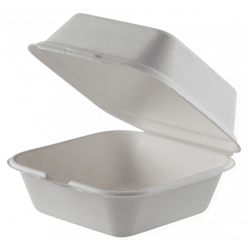 Caserola Biodegradabila Alba din Trestie de Zahar pentru Hamburger, Dimensiuni 15x15 cm, 50 Buc/Set