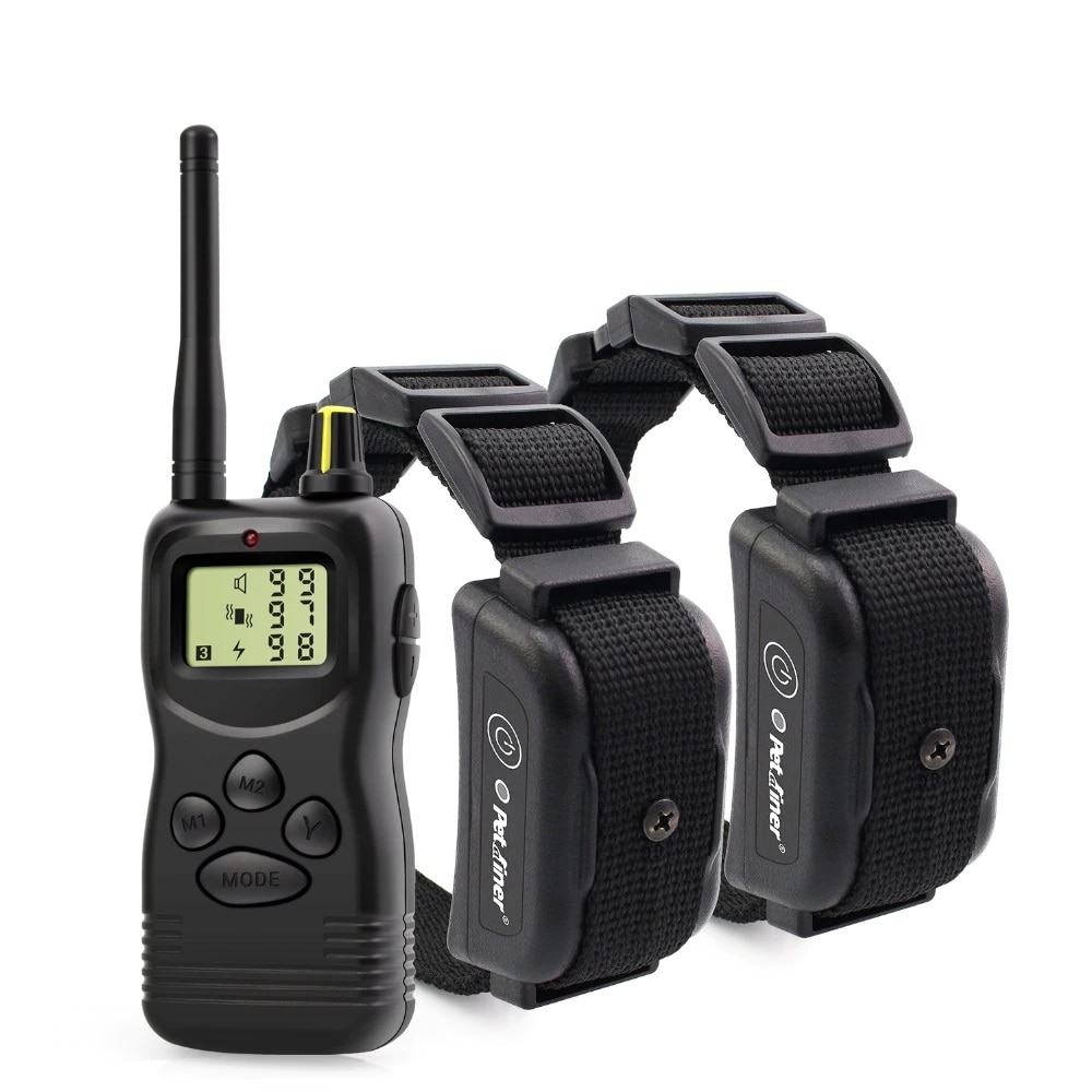 Zgarda dresaj caine, 1000m, Waterproof , Petrainer, cu doua receivere, pentru doi caini