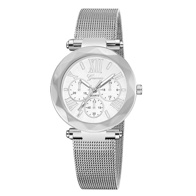 Ceas Geneva Dama Quartz Casual Elegant Argintiu, PN999512SR, curea din metal (mesh), afisaj Analog