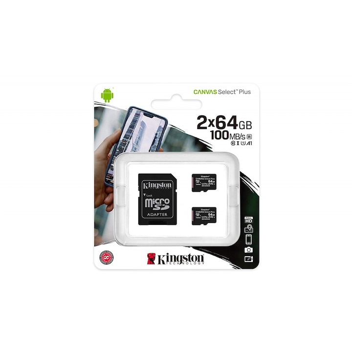 Kingston Canvas Select Plus Multi pack memóriakártya, microSDHC, 64GB, Class 10 UHS-I, 2 db