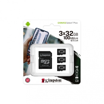 Set 3 carduri de memorie Kingston Canvas Select Plus Multi pack 3 x microSDHC 32GB, Class 10 UHS-I Set 3 carduri de memorie Kingston Canvas Select Plus Multi pack 3 x microSDHC 32GB, Class 10 UHS-I